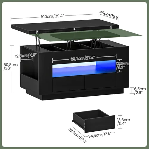Miniatura 3 de CHOEZON Mesa auxiliar elevable de 40 pulgadas con 2 cajones, luces LED y almacenamiento, mesa central multiusos 4 en 1 con base flotante, para sala