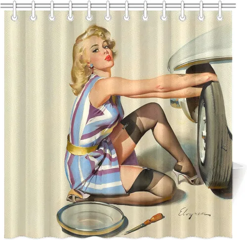 Miniatura 6 de FUNNY KIDS' HOME Cortinas de ducha retro con pin up para baño, pintura al óleo, arte de lienzo, decoración de baño, sexy dama bañándose