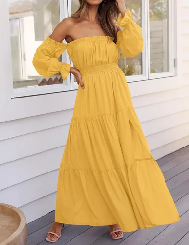 Miniatura 106 de ZESICA - Vestido largo, bohemio y sexy, con hombros descubiertos y manga larga fruncida, con elástico fruncido, cintura alta y abertura lateral