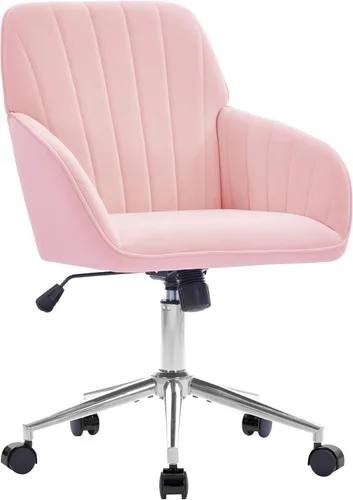 Miniatura 19 de Silla de oficina de terciopelo a rayas, silla ergonómica giratoria de 360° con respaldo alto, base dorada y ruedas, silla moderna de altura Rosa
