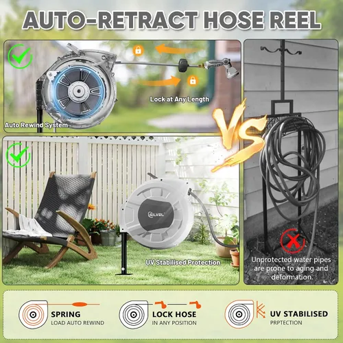 Miniatura 2 de SILVEL Carrete de manguera de jardín retráctil automático en estaca de metal, 1/2 pulgada x 90 pies montado en el suelo al aire libre, resistente a