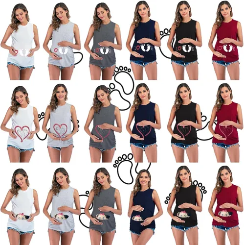 Miniatura 2 de Ropa de maternidad para mujer, serie Little Feet Series, camisetas sin mangas con cuello redondo, ajuste holgado, blusa tipo túnica con estampado