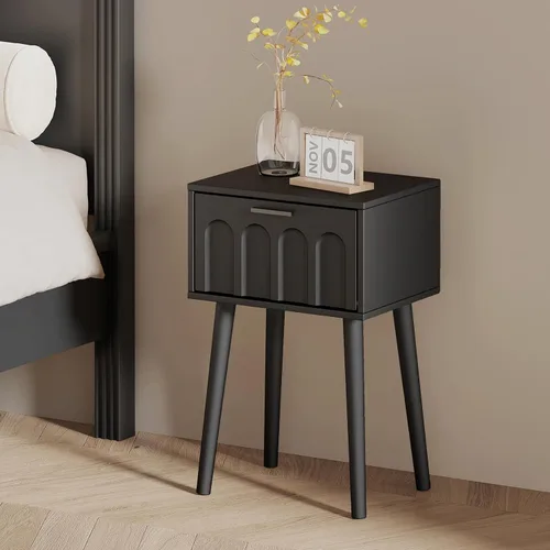 Miniatura 7 de LAATOOREE Juego de 2 mesitas de noche, mesa auxiliar de cama pequeña con puerta de arco, mesa auxiliar de mediados de siglo con patas de madera