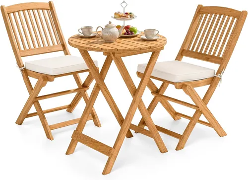 Giantex Juego de 3 piezas de mesa plegable de madera, 2 sillas acolchadas para jardín, muebles de exterior mesa redonda (natural y beige)