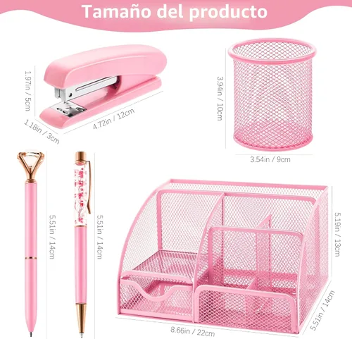 Miniatura 2 de Fayoo Juego de 11 piezas de suministros de oficina rosa, kit de accesorios organizador de escritorio de malla que incluye grapadora, dispensador