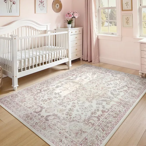 Miniatura 21 de Wonnitar Alfombras rosas para dormitorio, niñas, guardería, alfombra lavable con estampado floral de 5 x 7 pies, bohemio, ultrafina, antideslizante