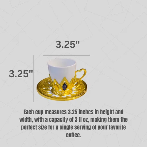 Miniatura 5 de Chandler Juego de tazas de café de porcelana blanca con acento acrílico dorado y gema azul, 6 tazas y 6 platillos, caja de regalo incluida (redonda)