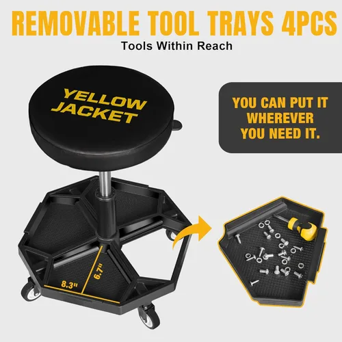 Miniatura 3 de YELLOW JACKET - Asiento rodante de garaje ajustable con neumáticos tipo taburete para taller, con 300 libras de capacidad, silla mecánica con ruedas