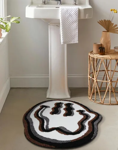 Estmy Happy Face - Alfombra de baño redonda de 2 pies, color blanco/negro, antideslizante, lavable, estética, hippie, bohemio, divertida, de felpa,