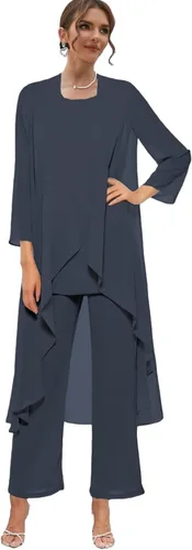 Chiffon Mother of The Bride Pant Suits for Women 3 Piece Formal Dress with Jacket Long Evening Party Gown