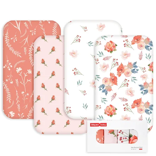 Miniatura 17 de Gllquen Baby Paquete de 4 sábanas de moisés, transpirable y acogedora, sábana bajera elástica para cuna de viaje, patrón floral de moda, sábanas