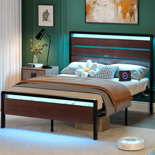 Miniatura 16 de VINGLI Base de cama de plataforma individual con cabecero y estribo LED, estación de carga USB, cama de panel de metal con espacio de almacenamiento