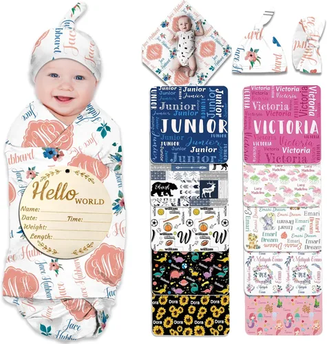 Miniatura 18 de Manta de bebé personalizada para niña y niño, manta de recepción con nombre personalizado con diadema de lazo y sombrero, regalos personalizados