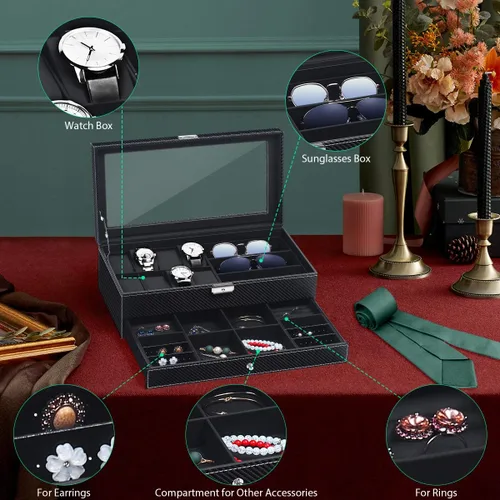 Miniatura 4 de TomCare Caja de reloj organizador de reloj con patrón de tejido joyero con cerradura con cajón soporte para gafas de sol aretes organizador de joyas