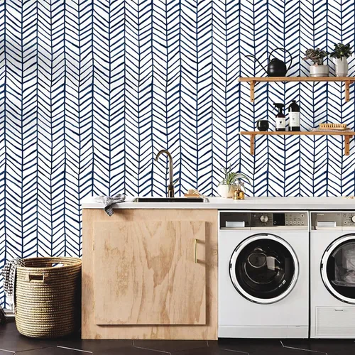 Miniatura 6 de HAOKHOME Papel tapiz azul marino para despegar y pegar, diseño moderno a rayas para baño, decoración extraíble de espiga de 17.7 pulgadas x 9.8 pies