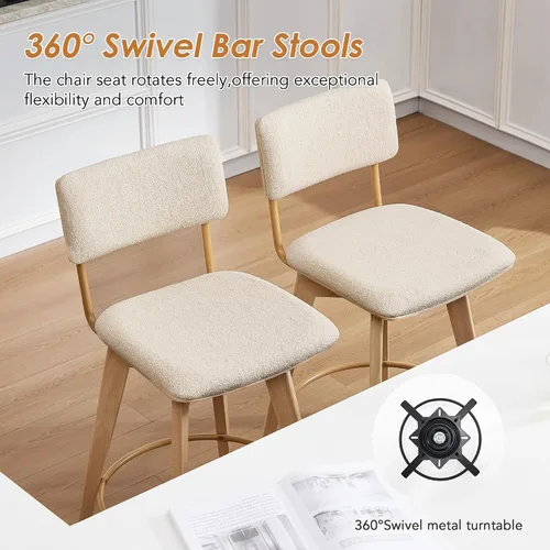 Miniatura 6 de ONEVOG Juego de 2 taburetes de bar giratorios de madera de 26 pulgadas de altura de mostrador, modernas sillas altas tapizadas para isla de cocina