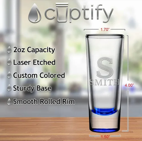 Miniatura 2 de Juego de 2 vasos de chupito personalizados con parte inferior azul personalizada de 2 onzas, inicial de vaso de chupito cordial y nombre