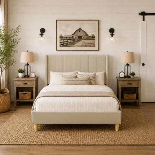 Upholstered Bed Frame with Wingback Headboard and Wood Slats (Beige-Linen, Twin)