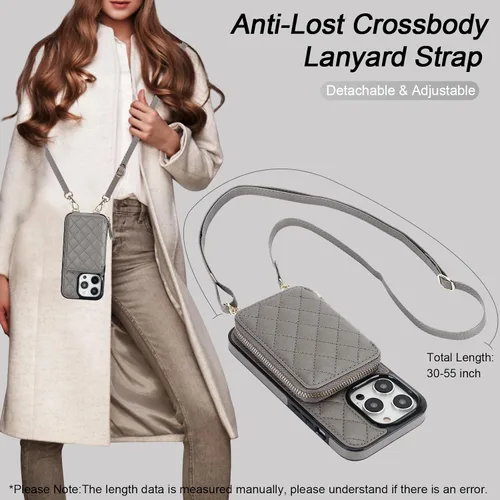 Miniatura 6 de Bocasal Funda tipo cartera cruzada para iPhone 14 Pro, bloqueo RFID, de piel sintética, con cremallera, funda tipo cartera con función atril y Gris