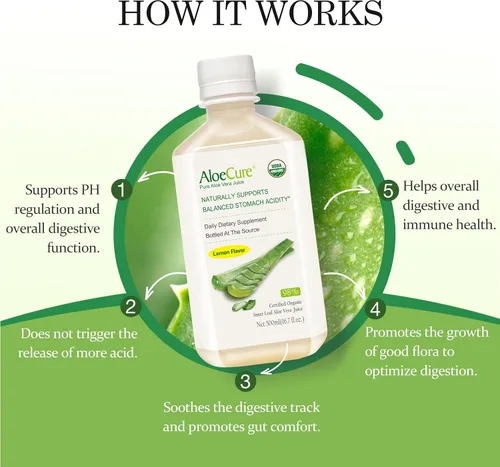 Miniatura 4 de AloeCure USDA - Jugo orgánico de aloe vera sabor a limón, fabricado dentro de las 12 horas de cosecha, suplemento digestivo natural para una acidez