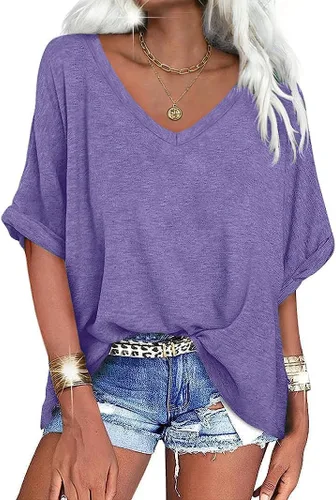 Miniatura 33 de UNCLECAT Camisetas de gran tamaño con cuello en V para mujer, camisas de manga corta de verano, holgadas, casuales