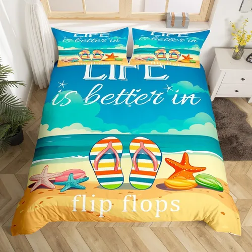 Juego de funda de edredón de playa hawaiana, tamaño individual, juego de ropa de cama kawaii, diseño de estrellas de mar en el océano y playa, funda