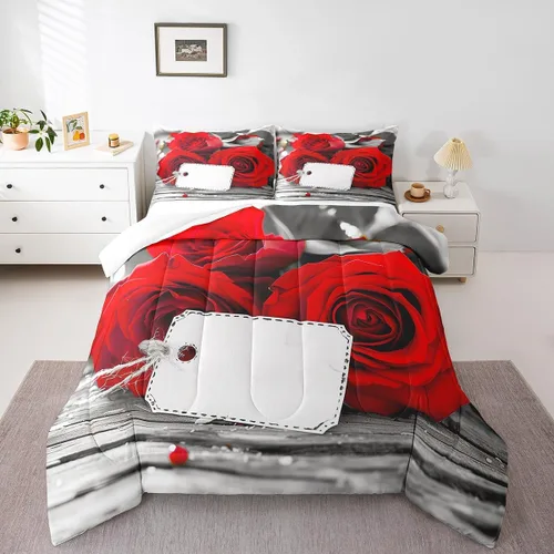 Miniatura 22 de Juego de edredón de rosas rojas, tamaño individual, juego de ropa de cama floral rojo degradado negro para niñas, mujeres, niños, adolescentes