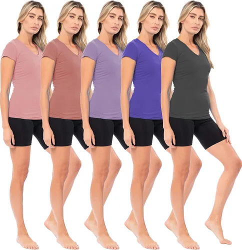 Miniatura 3 de Sexy Basics Paquete de 5 y 10 camisas de manga corta con cuello en V elástico de algodón casual y activo para mujer