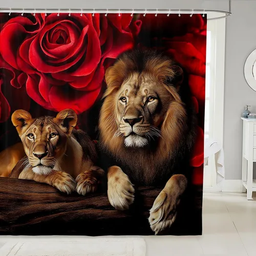 Erosebridal Cortina de ducha para decoración de baño, con estampado de leones y rosas, para niños, adolescentes, niños, niñas, habitación del hogar,