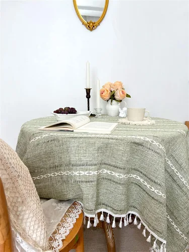 Miniatura 10 de Mantel de primavera de lino de algodón verde salvia, mantel pesado bohemio de granja - Mantel de verano vintage para fiesta, cocina, comedor