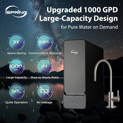 Miniatura 2 de Sistema de filtración de agua por ósmosis inversa sin tanque iSpring RO1000-BN, flujo rápido de 1000 GPD Grifo negro + níquel cepillado