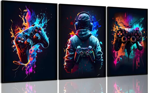 Miniatura 9 de 3 piezas de arte de pared de videojuegos geniales retro acuarela pósters cuadros coloridos neón gamepad lienzo pintura impresiones para habitación