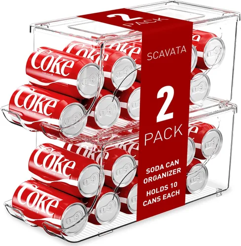 SCAVATA Paquete de 2 organizadores apilables para refrigerador, dispensador de latas de soda, contenedor de bebidas con tapa para refrigerador,