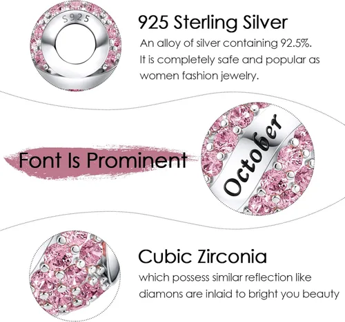 Miniatura 4 de JIAYIQI Dijes de piedra natal para dijes de pulsera de plata de ley 925 abalorios calados de feliz cumpleaños para mujer regalo de joyería Plata