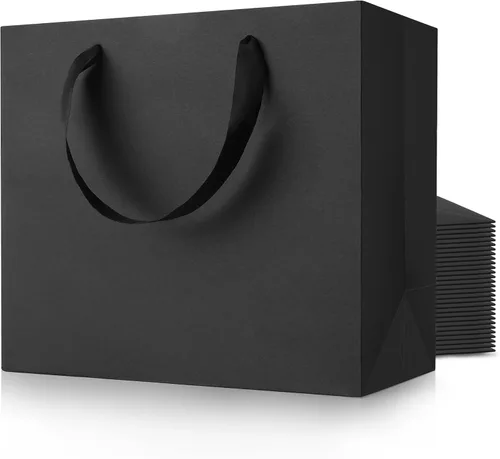 Miniatura 18 de MOXARYSU Bolsas de regalo negras con asas: 8 x 5 x 10 pulgadas, 30 bolsas de papel negras medianas a granel para fiestas, compras, cumpleaños, bodas