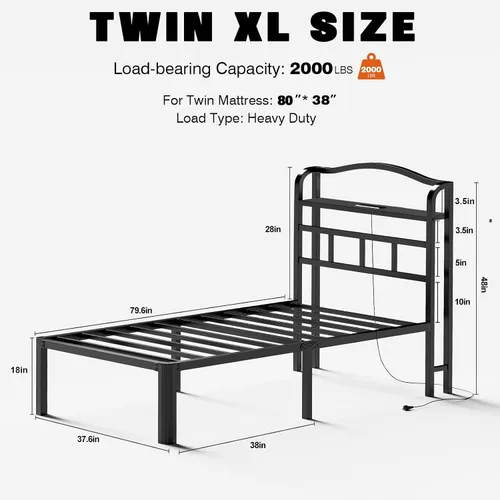 Miniatura 2 de Base de cama Individual XL con cabecera, base de colchón de metal, armazón de cama de 18 pulgadas de alto, no necesita somier, base de cama de 46 cm