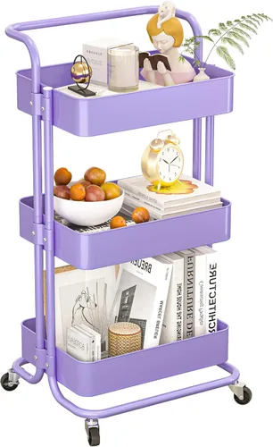 Miniatura 8 de Carrito de almacenamiento con ruedas de metal, carrito utilitario de 3 niveles con ruedas, organizador multifuncional para cocina, dormitorio, Rosa