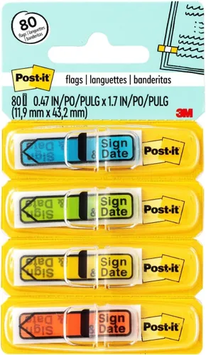 Post-it Banderas de mensaje, letrero y fecha, 30/dispensador, 4 dispensadores/paquete, 47 pulgadas de ancho, colores surtidos (684-SD)
