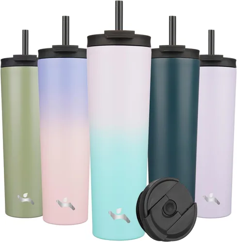 Miniatura 21 de Konokyo Vaso aislado de 18 onzas con tapa y 2 pajillas, botella de agua de acero inoxidable, taza de viaje al vacío, taza de café, color blanco ángel