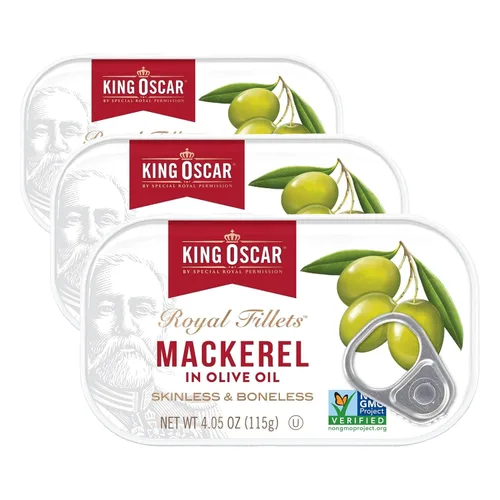 Miniatura 15 de King Oscar Caballa en aceite de oliva, lata de 4.05 onzas (paquete de 6, el embalaje puede variar), sin piel y sin hueso, caballa enlatada capturada