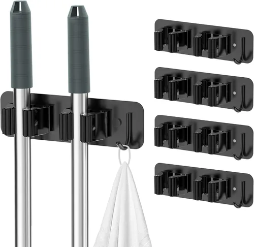 Miniatura 11 de homeasy - Soporte de pared para escoba y fregona, organizador con ganchos de acero inoxidable resistente Pack de 2, instalación sin taladro ni