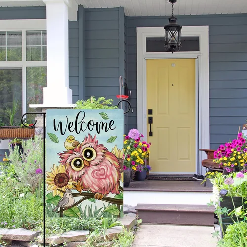 Miniatura 5 de Hzppyz Bandera de jardín de búho rosa de bienvenida para primavera y verano, de doble cara, ramas de girasol, decoración pequeña para exteriores