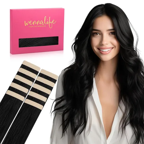 Wennalife Extensiones de Cabello Humano con Cinta Adhesiva Negro Azabache, Extensiones con Cinta Adhesiva, 10 piezas 20g 10 pulgadas Remy Invisibles