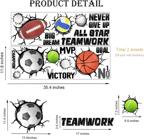 Miniatura 7 de YIMEHDAN Calcomanías de pared de pelotas deportivas 3D, fútbol, voleibol, rugby, baloncesto, tenis, vinilo para pared, diseño deportivo extraíble