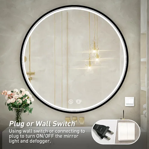 Miniatura 8 de Espejo de baño LED redondo de 36 pulgadas, espejo de tocador antivaho regulable con control táctil, luz natural de 6000 K, marco de metal negro