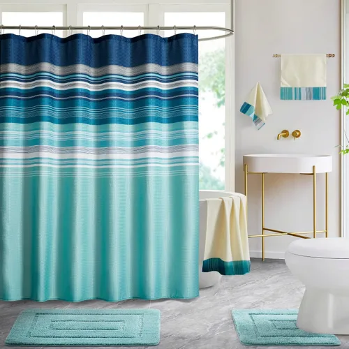 Miniatura 8 de WPM - Juego de alfombras de baño, toallas y cortina de ducha, juego de alfombras de baño con estampado de enrejado de color azul real