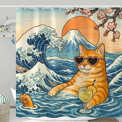 Miniatura 2 de Juego de cortinas de ducha relajadas con diseño de ondas de arte japonés impermeable, cortina de ducha para baño, divertida escena de vacaciones