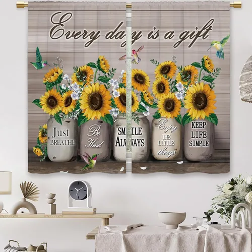 Miniatura 7 de Cortinas de Cocina de Girasol Estilo Granja, Cortinas de Ventana Cortas Pequeñas de Café con Flores Rústicas Florales del Campo, Cortinas de Ventana