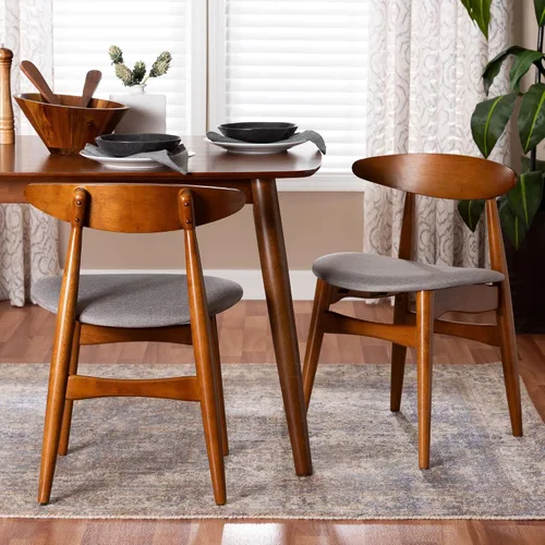 Miniatura 8 de Baxton Studio Flora II Mid-Century - Banco de comedor de madera con acabado de roble medio, tapizado de tela gris oscuro