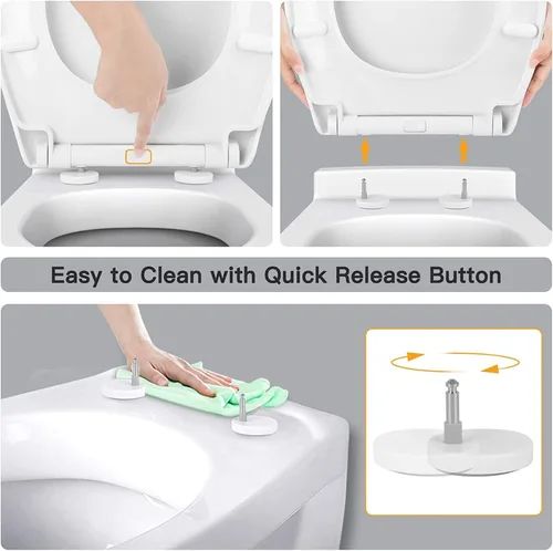 Miniatura 4 de Asiento de inodoro de cierre suave y enganche rápido alargado - Asientos de inodoro resistentes ajustables con bisagras de acero inoxidable
